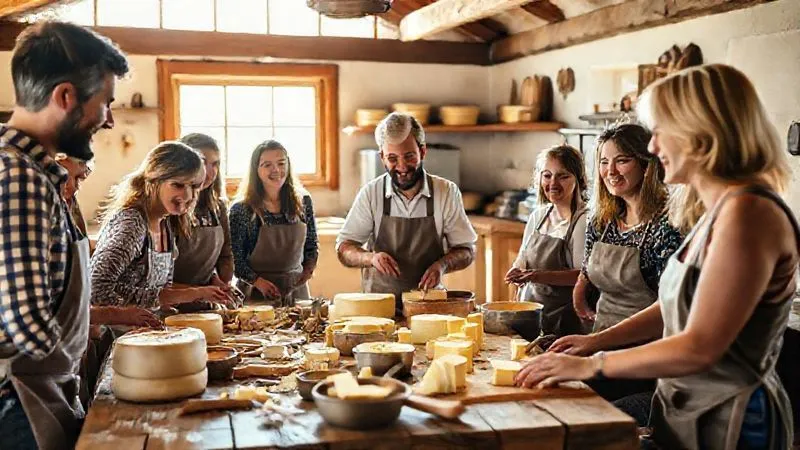 A photorealistic, professional photography shot of a group of joyful tourists participating in a hands-on artisanal cheese-making workshop in a rustic, sunlit farm kitchen. A local expert guide is demonstrating the process, with ingredients and tools spread on a wooden table. Cinematic lighting, sharp focus on the activity and smiling faces, depth of field blurring the background, 8K, shot on a high-end DSLR, evoking engagement, learning, and authentic cultural immersion. A photorealistic, professional photography shot of a group of joyful tourists participating in a hands-on artisanal cheese-making workshop in a rustic, sunlit farm kitchen. A local expert guide is demonstrating the process, with ingredients and tools spread on a wooden table. Cinematic lighting, sharp focus on the activity and smiling faces, depth of field blurring the background, 8K, shot on a high-end DSLR, evoking engagement, learning, and authentic cultural immersion.