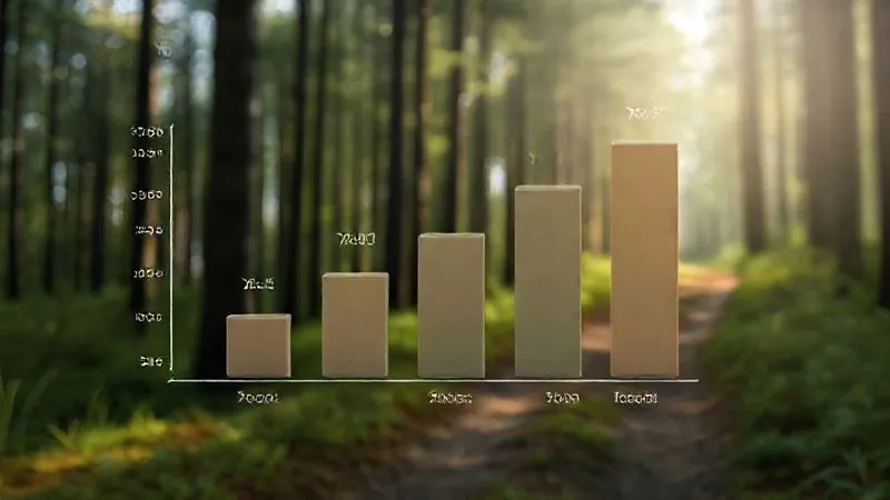 A photorealistic 3D bar chart showing a decrease in carbon footprint metrics over three years for a rural tourism operator, with clear labels for 'Year 1', 'Year 2', 'Year 3' and 'CO2 Equivalent (tonnes)'. The background is a subtly blurred image of a pristine forest trail, suggesting positive environmental impact. Cinematic lighting, sharp focus on the chart, depth of field. 8K hyper-detailed.