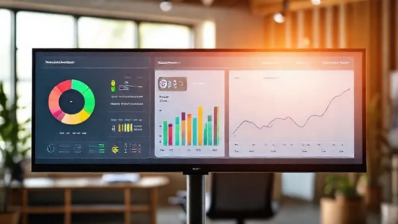 A photorealistic image of a sleek, modern dashboard on a large monitor, displaying various sustainability metrics for rural tourism: a pie chart showing waste reduction, a bar graph illustrating local employment growth, and a line graph tracking water consumption reduction over time. The screen shows vibrant, clear data visualizations. The background is a slightly blurred, sunlit office space with natural wood elements, suggesting a connection to nature. Cinematic lighting, sharp focus on the dashboard, depth of field. 8K hyper-detailed.