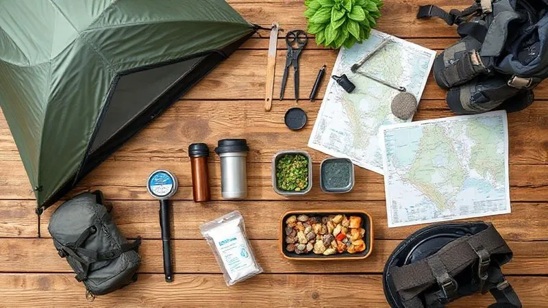 A professional flat lay photograph of eco-friendly hiking gear, including a lightweight tent, water filter, reusable food containers, and a map, all neatly arranged on a natural wooden surface. Photorealistic, professional photography, 8K, cinematic lighting, sharp focus, depth of field. A professional flat lay photograph of eco-friendly hiking gear, including a lightweight tent, water filter, reusable food containers, and a map, all neatly arranged on a natural wooden surface. Photorealistic, professional photography, 8K, cinematic lighting, sharp focus, depth of field.