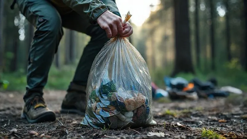 A photorealistic image of a responsible camper carefully placing all their trash, including a small, clear bag of organic waste and a separate bag of recyclables, into a compact, sturdy trash bag that will be carried out. The campsite is pristine, with no visible litter. Cinematic lighting, sharp focus on the trash bag, depth of field blurring the background forest. 8K hyper-detailed, professional photography, shot on a high-end DSLR. A photorealistic image of a responsible camper carefully placing all their trash, including a small, clear bag of organic waste and a separate bag of recyclables, into a compact, sturdy trash bag that will be carried out. The campsite is pristine, with no visible litter. Cinematic lighting, sharp focus on the trash bag, depth of field blurring the background forest. 8K hyper-detailed, professional photography, shot on a high-end DSLR.