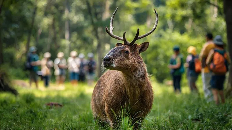 A photorealistic image of a majestic deer or capybara (native to Brazil) observing a distant, small, respectful group of campers from a safe distance in a lush national park. The animal is in sharp focus, calm and undisturbed in its natural habitat. Cinematic lighting, depth of field blurring the campers gently. 8K hyper-detailed, professional photography, shot on a high-end DSLR. A photorealistic image of a majestic deer or capybara (native to Brazil) observing a distant, small, respectful group of campers from a safe distance in a lush national park. The animal is in sharp focus, calm and undisturbed in its natural habitat. Cinematic lighting, depth of field blurring the campers gently. 8K hyper-detailed, professional photography, shot on a high-end DSLR.