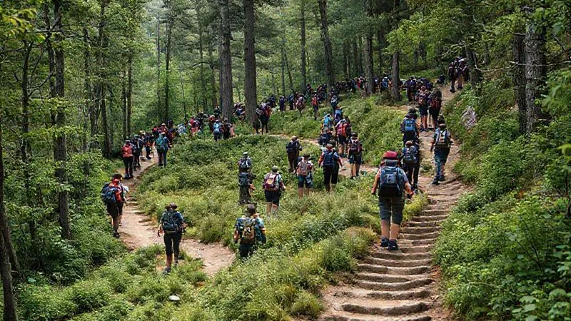 photorealistic, professional photography, 8K, cinematic lighting, sharp focus, depth of field, shot on a high-end DSLR. A winding hiking trail in a national park, densely packed with diverse hikers, some taking photos, others looking at maps, surrounded by lush green foliage and towering trees. The path shows signs of wear and erosion, illustrating the impact of high foot traffic. A sense of awe mixed with the subtle strain on the environment. photorealistic, professional photography, 8K, cinematic lighting, sharp focus, depth of field, shot on a high-end DSLR. A winding hiking trail in a national park, densely packed with diverse hikers, some taking photos, others looking at maps, surrounded by lush green foliage and towering trees. The path shows signs of wear and erosion, illustrating the impact of high foot traffic. A sense of awe mixed with the subtle strain on the environment.