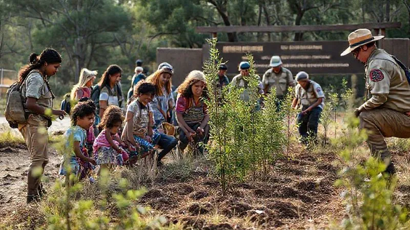 photorealistic, professional photography, 8K, cinematic lighting, sharp focus, depth of field, shot on a high-end DSLR. A diverse group of local community members and park rangers working together to plant native trees in a degraded area near a national park entrance, with children observing and learning. The scene emphasizes community involvement and collaborative efforts in environmental restoration and sustainable tourism. photorealistic, professional photography, 8K, cinematic lighting, sharp focus, depth of field, shot on a high-end DSLR. A diverse group of local community members and park rangers working together to plant native trees in a degraded area near a national park entrance, with children observing and learning. The scene emphasizes community involvement and collaborative efforts in environmental restoration and sustainable tourism.