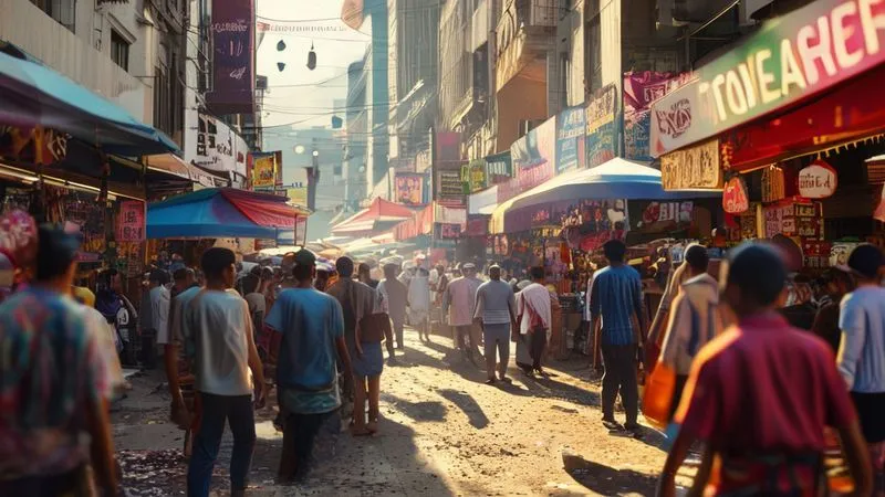 A photorealistic image of a vibrant, traditional street market in a bustling city, but with a subtle overlay of modern, commercialized elements and a few confused or overwhelmed local vendors amidst a large crowd of tourists. Cinematic lighting, 8K, sharp focus, depth of field, shot on a high-end DSLR. A photorealistic image of a vibrant, traditional street market in a bustling city, but with a subtle overlay of modern, commercialized elements and a few confused or overwhelmed local vendors amidst a large crowd of tourists. Cinematic lighting, 8K, sharp focus, depth of field, shot on a high-end DSLR.