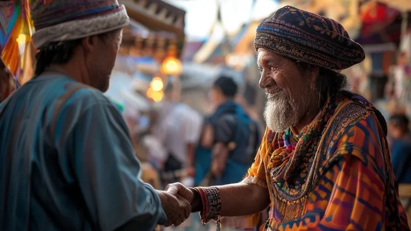 A photorealistic image of a traveler respectfully engaging with a local artisan, perhaps sharing a quiet smile or a handshake, in a bustling but authentic cultural event setting. The traveler is dressed appropriately, showing humility. Cinematic lighting, 8K, sharp focus, depth of field, shot on a high-end DSLR. A photorealistic image of a traveler respectfully engaging with a local artisan, perhaps sharing a quiet smile or a handshake, in a bustling but authentic cultural event setting. The traveler is dressed appropriately, showing humility. Cinematic lighting, 8K, sharp focus, depth of field, shot on a high-end DSLR.