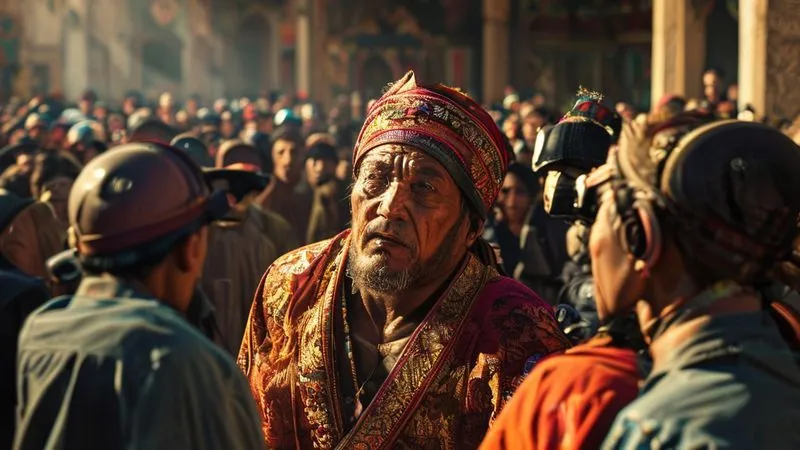 A photorealistic image depicting a traditional cultural performance, but with a clear distinction between the authentic, heartfelt expressions of the performers and the detached, almost voyeuristic gaze of a large tourist crowd, some taking photos with large lenses. The scene hints at a loss of intimacy. Cinematic lighting, 8K, sharp focus, depth of field, shot on a high-end DSLR. A photorealistic image depicting a traditional cultural performance, but with a clear distinction between the authentic, heartfelt expressions of the performers and the detached, almost voyeuristic gaze of a large tourist crowd, some taking photos with large lenses. The scene hints at a loss of intimacy. Cinematic lighting, 8K, sharp focus, depth of field, shot on a high-end DSLR.