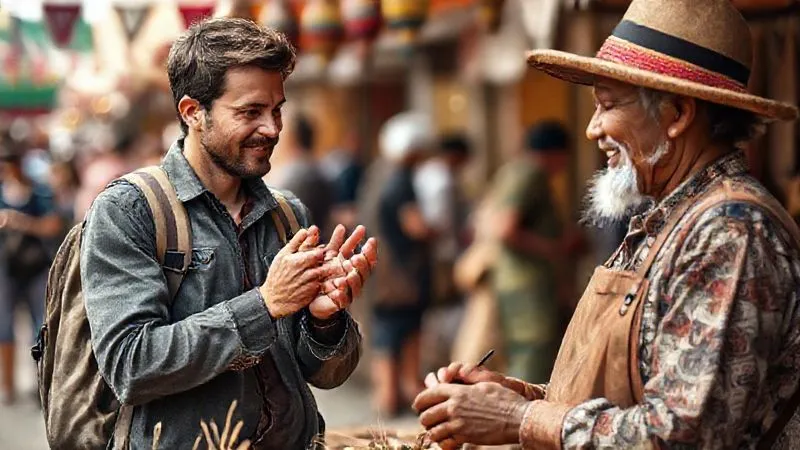 A photorealistic image of a traveler respectfully engaging with a local artisan at a vibrant cultural festival. The traveler is listening intently, hands clasped, showing genuine interest in the craft being explained. The artisan, with a warm smile, is demonstrating their skill. Background shows blurred festival activity, focused on the interaction. Cinematic lighting, warm colors, 8K hyper-detailed, professional photography, shot on a high-end DSLR. A photorealistic image of a traveler respectfully engaging with a local artisan at a vibrant cultural festival. The traveler is listening intently, hands clasped, showing genuine interest in the craft being explained. The artisan, with a warm smile, is demonstrating their skill. Background shows blurred festival activity, focused on the interaction. Cinematic lighting, warm colors, 8K hyper-detailed, professional photography, shot on a high-end DSLR.