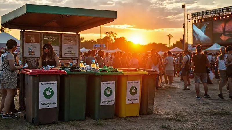 A photorealistic image of a vibrant festival area at sunset, showing a clean, well-organized waste management station with clearly marked bins for recycling and organic waste. Festival-goers are actively using the bins, some holding reusable water bottles. The ground is free of litter. Cinematic lighting, warm and inviting, 8K hyper-detailed, professional photography, shot on a high-end DSLR. A photorealistic image of a vibrant festival area at sunset, showing a clean, well-organized waste management station with clearly marked bins for recycling and organic waste. Festival-goers are actively using the bins, some holding reusable water bottles. The ground is free of litter. Cinematic lighting, warm and inviting, 8K hyper-detailed, professional photography, shot on a high-end DSLR.