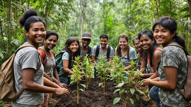 A diverse group of travelers engaged in a community-led reforestation project in a lush tropical forest, planting saplings with local guides, all smiling and interacting. The scene emphasizes positive impact and cultural exchange. Photorealistic, professional photography, 8K, cinematic lighting, sharp focus, depth of field, shot on a high-end DSLR. A diverse group of travelers engaged in a community-led reforestation project in a lush tropical forest, planting saplings with local guides, all smiling and interacting. The scene emphasizes positive impact and cultural exchange. Photorealistic, professional photography, 8K, cinematic lighting, sharp focus, depth of field, shot on a high-end DSLR.