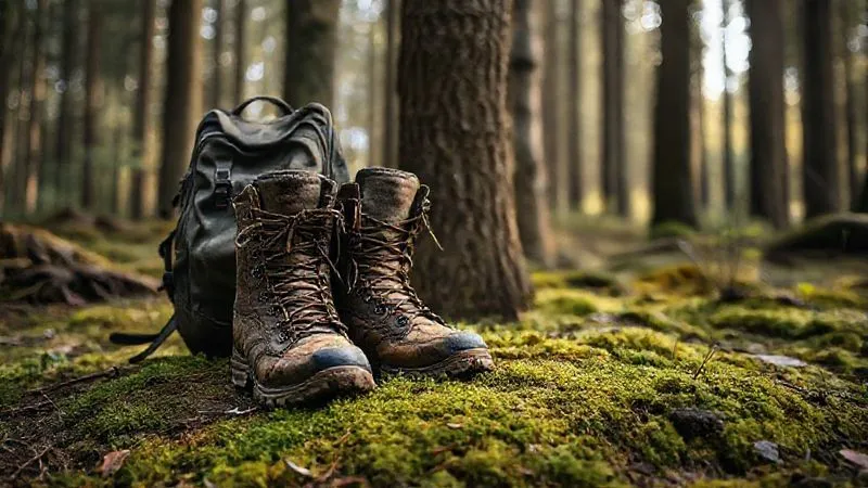 A pair of well-worn, sturdy hiking boots standing on a mossy forest floor, next to a minimalist, eco-friendly backpack, suggesting readiness for adventure and responsible travel. Soft natural lighting filters through the trees. Photorealistic, professional photography, 8K, cinematic lighting, sharp focus, depth of field, shot on a high-end DSLR. A pair of well-worn, sturdy hiking boots standing on a mossy forest floor, next to a minimalist, eco-friendly backpack, suggesting readiness for adventure and responsible travel. Soft natural lighting filters through the trees. Photorealistic, professional photography, 8K, cinematic lighting, sharp focus, depth of field, shot on a high-end DSLR.