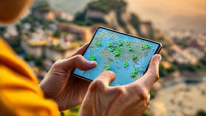 A photorealistic image of a person holding a smartphone, looking at a map with various pins, some highlighted in green, indicating sustainable and affordable accommodations. The background is a vibrant, diverse landscape, suggesting global travel. Professional photography, 8K, cinematic lighting, sharp focus, depth of field, shot on a high-end DSLR, conveying discovery and smart travel. A photorealistic image of a person holding a smartphone, looking at a map with various pins, some highlighted in green, indicating sustainable and affordable accommodations. The background is a vibrant, diverse landscape, suggesting global travel. Professional photography, 8K, cinematic lighting, sharp focus, depth of field, shot on a high-end DSLR, conveying discovery and smart travel.