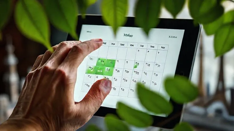 A photorealistic image of a hand adjusting a calendar on a digital tablet, with green leaves subtly framing the screen, symbolizing flexible and sustainable travel planning. The background shows blurred travel landmarks. Professional photography, 8K, cinematic lighting, sharp focus, depth of field, shot on a high-end DSLR, conveying smart timing and environmental consciousness. A photorealistic image of a hand adjusting a calendar on a digital tablet, with green leaves subtly framing the screen, symbolizing flexible and sustainable travel planning. The background shows blurred travel landmarks. Professional photography, 8K, cinematic lighting, sharp focus, depth of field, shot on a high-end DSLR, conveying smart timing and environmental consciousness.