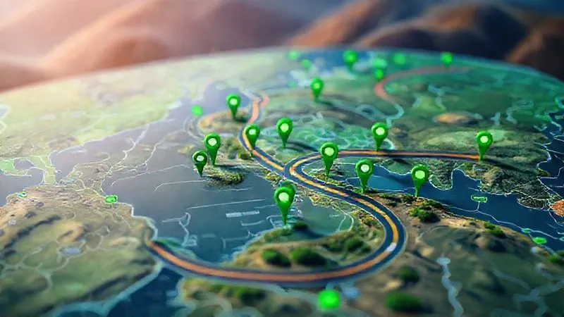 A vibrant, photorealistic, professional photography, 8K, cinematic lighting, sharp focus, depth of field, shot on a high-end DSLR, of a digital map interface overlaid with green pins marking sustainable charging points and solar/wind harvest zones, with a winding road connecting them through diverse landscapes, conveying intelligent route planning and eco-conscious travel. A vibrant, photorealistic, professional photography, 8K, cinematic lighting, sharp focus, depth of field, shot on a high-end DSLR, of a digital map interface overlaid with green pins marking sustainable charging points and solar/wind harvest zones, with a winding road connecting them through diverse landscapes, conveying intelligent route planning and eco-conscious travel.