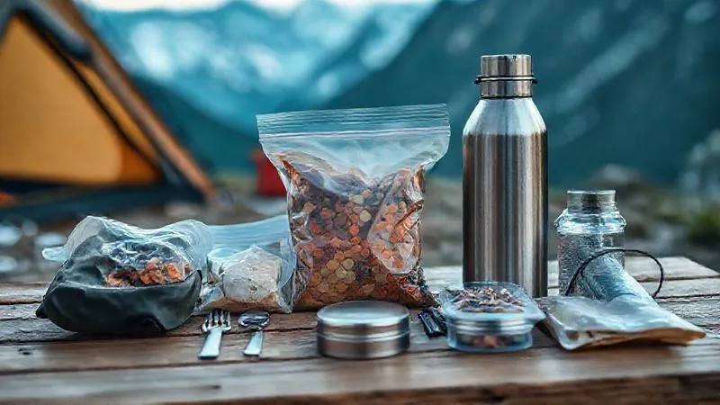 A photorealistic, professional photography, 8K, cinematic lighting, sharp focus, depth of field, shot on a high-end DSLR of a neatly organized, minimalist zero-waste hiking kit laid out on a wooden table. It features reusable silicone bags filled with dehydrated food, a metal spork, a solid shampoo bar in a tin, a water filter, and a durable stainless steel water bottle, all against a blurred backdrop of a scenic mountain tent camp. The items are clean and practical, emphasizing efficiency and sustainability. A photorealistic, professional photography, 8K, cinematic lighting, sharp focus, depth of field, shot on a high-end DSLR of a neatly organized, minimalist zero-waste hiking kit laid out on a wooden table. It features reusable silicone bags filled with dehydrated food, a metal spork, a solid shampoo bar in a tin, a water filter, and a durable stainless steel water bottle, all against a blurred backdrop of a scenic mountain tent camp. The items are clean and practical, emphasizing efficiency and sustainability.