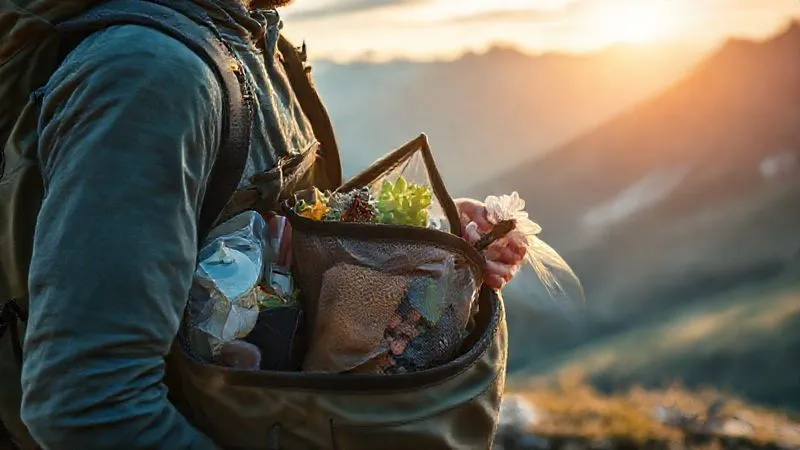 A photorealistic image of a hiker meticulously organizing different types of waste (dry recyclables, organic waste in a smell-proof bag, hygiene waste) into separate, compact reusable bags inside a backpack, with a stunning mountain vista in the background. The focus is on the organized and responsible act, professional photography, 8K, cinematic lighting, sharp focus, depth of field, shot on a high-end DSLR. A photorealistic image of a hiker meticulously organizing different types of waste (dry recyclables, organic waste in a smell-proof bag, hygiene waste) into separate, compact reusable bags inside a backpack, with a stunning mountain vista in the background. The focus is on the organized and responsible act, professional photography, 8K, cinematic lighting, sharp focus, depth of field, shot on a high-end DSLR.