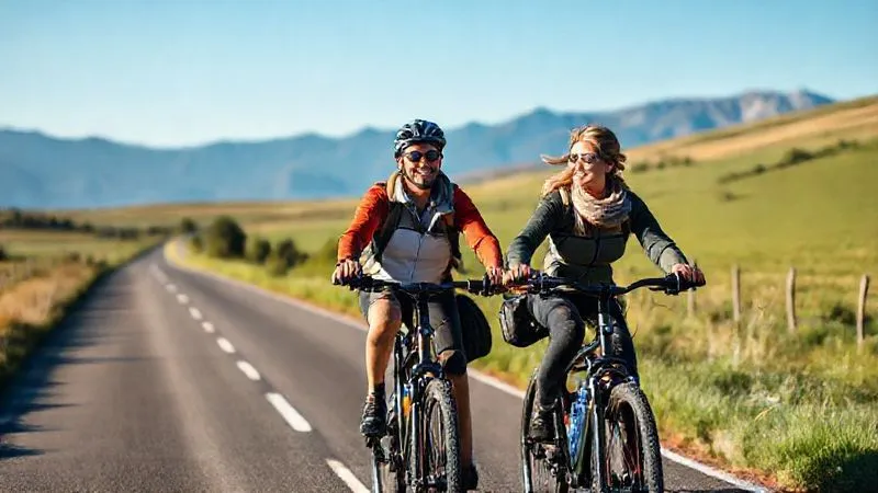 A photorealistic image of a couple cycling on a quiet, scenic road through a rural landscape, with mountains in the background and a clear blue sky. They are smiling and enjoying the journey. The bikes are modern and equipped for touring. Cinematic lighting, sharp focus on the cyclists and road, depth of field blurring the distant mountains. 8K hyper-detailed, professional photography, shot on a high-end DSLR. A photorealistic image of a couple cycling on a quiet, scenic road through a rural landscape, with mountains in the background and a clear blue sky. They are smiling and enjoying the journey. The bikes are modern and equipped for touring. Cinematic lighting, sharp focus on the cyclists and road, depth of field blurring the distant mountains. 8K hyper-detailed, professional photography, shot on a high-end DSLR.