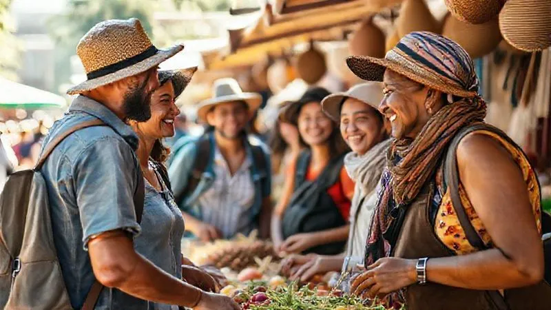 A photorealistic image of a diverse group of travelers, not tourists, respectfully engaging with local artisans in a vibrant, sunlit outdoor market. There's a genuine smile exchange, showing cultural connection and mutual respect. The scene is full of authentic local crafts and fresh produce, with a focus on sustainable practices. Cinematic lighting, sharp focus on the interaction, depth of field blurring the background, 8K hyper-detailed. A photorealistic image of a diverse group of travelers, not tourists, respectfully engaging with local artisans in a vibrant, sunlit outdoor market. There's a genuine smile exchange, showing cultural connection and mutual respect. The scene is full of authentic local crafts and fresh produce, with a focus on sustainable practices. Cinematic lighting, sharp focus on the interaction, depth of field blurring the background, 8K hyper-detailed.