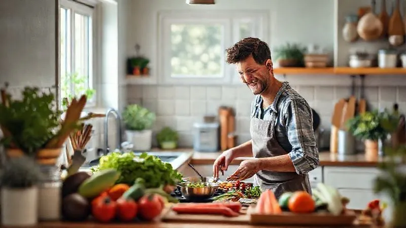 A photorealistic image of a traveler happily cooking a simple, healthy meal in a well-equipped, bright Airbnb kitchen, with fresh local produce on the counter. The scene features natural light, a sense of home comfort, sharp focus on the cooking process, depth of field, 8K hyper-detailed, professional photography, shot on a high-end DSLR. A photorealistic image of a traveler happily cooking a simple, healthy meal in a well-equipped, bright Airbnb kitchen, with fresh local produce on the counter. The scene features natural light, a sense of home comfort, sharp focus on the cooking process, depth of field, 8K hyper-detailed, professional photography, shot on a high-end DSLR.