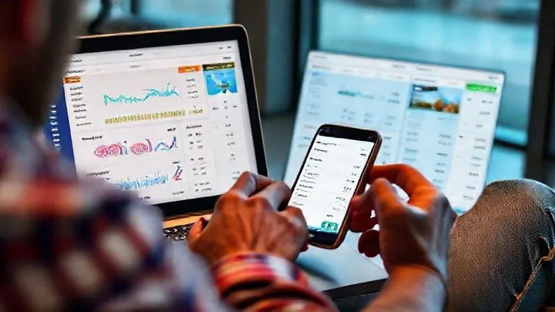 A photorealistic image of a traveler using a laptop and a smartphone side-by-side, comparing prices and setting alerts on different travel booking websites, with a focus on smart budgeting and sustainable options. The screen shows charts and price comparisons, cinematic lighting, sharp focus on the devices, depth of field, 8K hyper-detailed, professional photography, shot on a high-end DSLR. A photorealistic image of a traveler using a laptop and a smartphone side-by-side, comparing prices and setting alerts on different travel booking websites, with a focus on smart budgeting and sustainable options. The screen shows charts and price comparisons, cinematic lighting, sharp focus on the devices, depth of field, 8K hyper-detailed, professional photography, shot on a high-end DSLR.