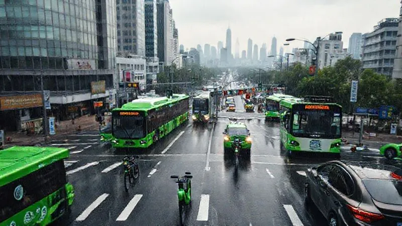 A photorealistic image of a chaotic city intersection viewed from above, with various green shared transport vehicles (electric buses, bikes, car-sharing cars) navigating through light rain and moderate traffic. The scene should convey a sense of gentle unpredictability, with cinematic lighting, sharp focus on the vehicles, and depth of field blurring the distant city skyline. 8K, professional photography, shot on a high-end DSLR. A photorealistic image of a chaotic city intersection viewed from above, with various green shared transport vehicles (electric buses, bikes, car-sharing cars) navigating through light rain and moderate traffic. The scene should convey a sense of gentle unpredictability, with cinematic lighting, sharp focus on the vehicles, and depth of field blurring the distant city skyline. 8K, professional photography, shot on a high-end DSLR.