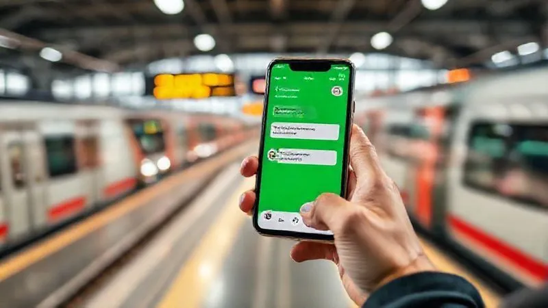 A photorealistic image of a traveler holding a smartphone, clearly showing a green shared transport app with real-time tracking and a chat window open. The background is a modern, well-lit train station with electric trains, suggesting connectivity and efficiency. Cinematic lighting, sharp focus on the phone and traveler's hands, depth of field blurring the busy station. 8K, professional photography, shot on a high-end DSLR. A photorealistic image of a traveler holding a smartphone, clearly showing a green shared transport app with real-time tracking and a chat window open. The background is a modern, well-lit train station with electric trains, suggesting connectivity and efficiency. Cinematic lighting, sharp focus on the phone and traveler's hands, depth of field blurring the busy station. 8K, professional photography, shot on a high-end DSLR.