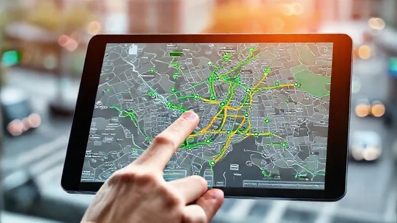 A photorealistic image of a futuristic city map displayed on a transparent tablet, showing various interconnected green transport routes (electric buses, bike lanes, shared autonomous vehicles) with real-time traffic flow and weather overlays. The user's finger is pointing to a specific route, indicating active planning. Cinematic lighting, sharp focus on the tablet and hands, depth of field blurring the background. 8K, professional photography, shot on a high-end DSLR. A photorealistic image of a futuristic city map displayed on a transparent tablet, showing various interconnected green transport routes (electric buses, bike lanes, shared autonomous vehicles) with real-time traffic flow and weather overlays. The user's finger is pointing to a specific route, indicating active planning. Cinematic lighting, sharp focus on the tablet and hands, depth of field blurring the background. 8K, professional photography, shot on a high-end DSLR.