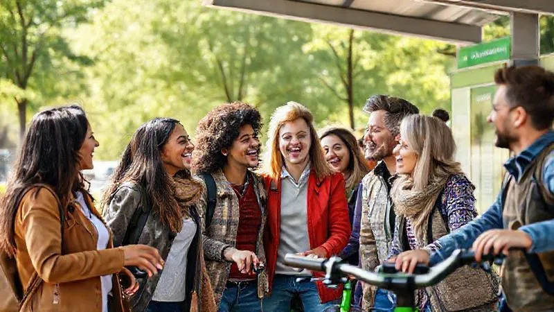 A photorealistic image of a diverse group of people from different backgrounds interacting happily at a vibrant, green shared transport hub, perhaps an electric bus stop or bike-sharing station, with shared laughter and supportive gestures. The setting is sunny and optimistic, conveying a strong sense of community and mutual support. Cinematic lighting, sharp focus on the group, depth of field blurring the background. 8K, professional photography, shot on a high-end DSLR. A photorealistic image of a diverse group of people from different backgrounds interacting happily at a vibrant, green shared transport hub, perhaps an electric bus stop or bike-sharing station, with shared laughter and supportive gestures. The setting is sunny and optimistic, conveying a strong sense of community and mutual support. Cinematic lighting, sharp focus on the group, depth of field blurring the background. 8K, professional photography, shot on a high-end DSLR.