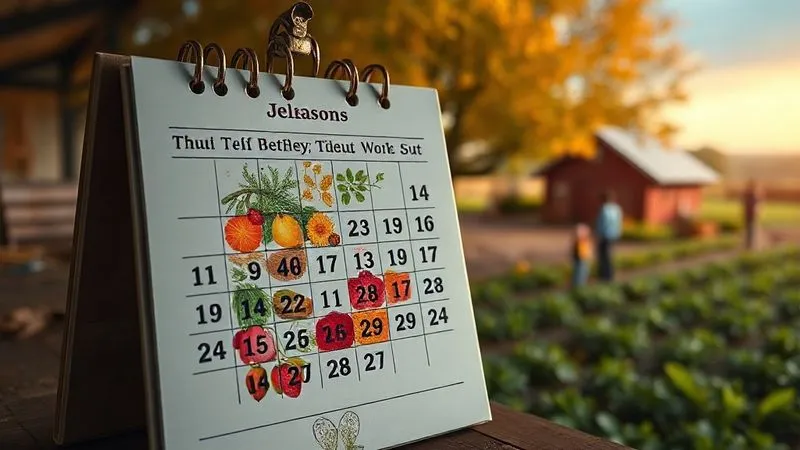 Photorealistic image of a detailed calendar with different seasons highlighted, showcasing a farm in the background with subtle activities changing with each season. Cinematic lighting, sharp focus on the calendar and farm, depth of field. Shot on a high-end DSLR, 8K hyper-detailed.