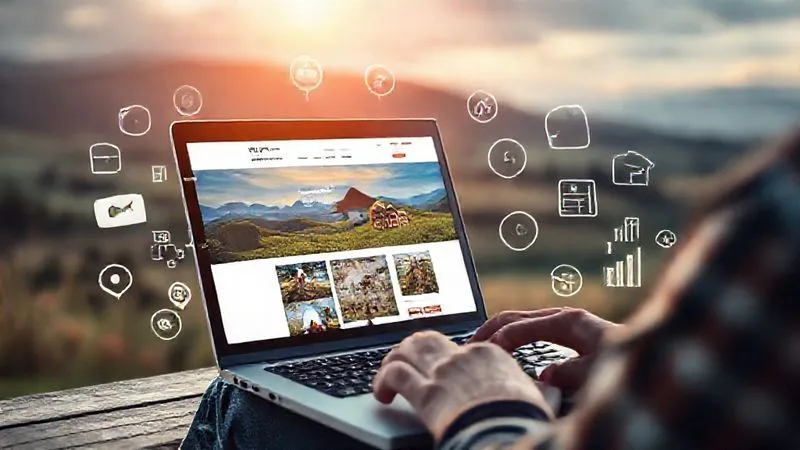 Photorealistic image of a person using a laptop, showing a website with a rural tourism theme, surrounded by elements of digital marketing like social media icons and SEO graphs, set against a blurred background of a serene countryside. Cinematic lighting, sharp focus on the laptop screen, depth of field. Shot on a high-end DSLR, 8K hyper-detailed.