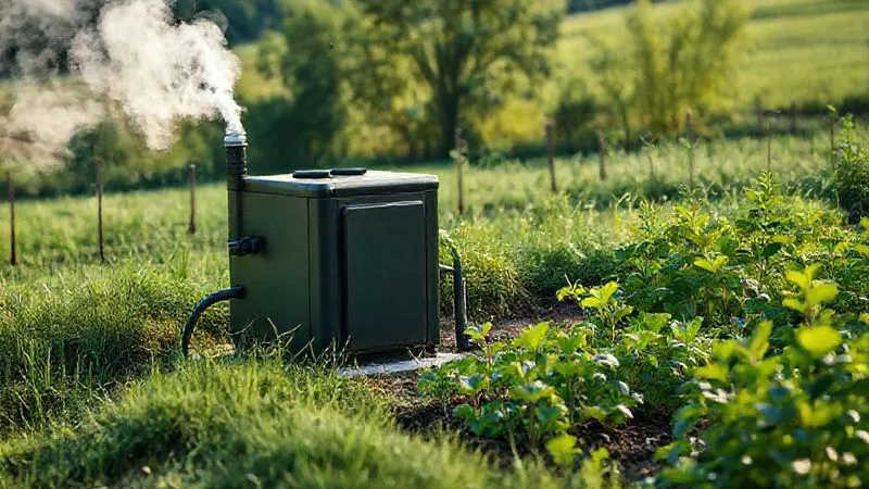 Photorealistic, professional photography, 8K, cinematic lighting, sharp focus, depth of field, shot on a high-end DSLR. A modern, compact biodigester unit subtly integrated into a lush rural landscape, with steam gently rising from a small pipe, symbolizing energy generation. Next to it, a vibrant organic garden thriving, fertilized by the biodigester's output. The scene conveys innovation and self-sufficiency in sustainable waste management.
