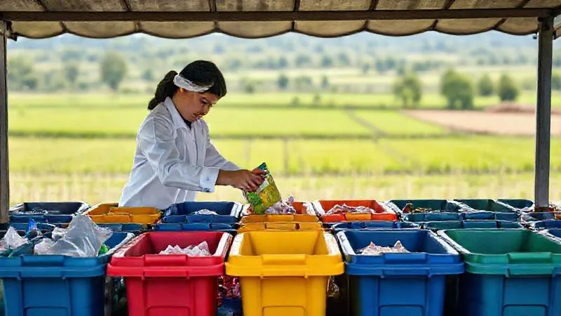 Photorealistic, professional photography, 8K, cinematic lighting, sharp focus, depth of field, shot on a high-end DSLR. A meticulously organized waste sorting station in a rural setting, with clear, color-coded bins for different materials (plastic, glass, paper, metal). A person in professional, clean attire is carefully placing an item into the correct bin. The background shows a tranquil rural landscape, emphasizing the harmony between human activity and nature. The image conveys order, responsibility, and efficiency.
