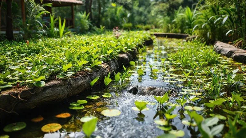 Photorealistic, professional photography, 8K, cinematic lighting, sharp focus, depth of field, shot on a high-end DSLR. A beautiful, thriving constructed wetland (jardim filtrante) integrated seamlessly into the landscape of a rural eco-lodge. Lush green aquatic plants, clear flowing water, and subtle signs of a sustainable wastewater treatment system. The scene emphasizes ecological harmony and innovative green infrastructure.