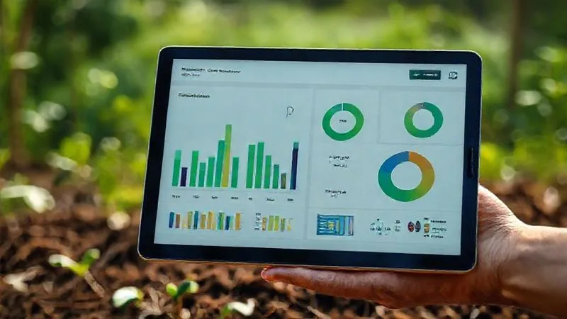 Photorealistic, professional photography, 8K, cinematic lighting, sharp focus, depth of field, shot on a high-end DSLR. A minimalist, elegant dashboard on a tablet screen, displaying clear, concise data visualizations (bar charts, pie charts) of waste generation, recycling rates, and water consumption for a rural eco-lodge. The background is a soft-focus image of a hand tending a thriving compost pile. The scene conveys data-driven sustainability management and continuous improvement.