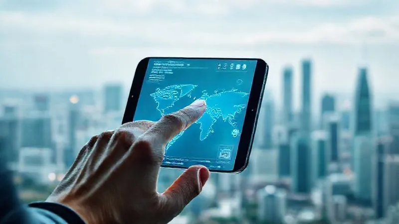 A photorealistic image of a futuristic, transparent smartphone screen displaying an advanced travel insurance app interface. The app shows a 3D holographic map with real-time weather overlays and personalized safety alerts, perhaps a small icon of a drone or a remote medical device. A hand lightly touches the screen, interacting with the holographic elements. The background is a subtly blurred, modern, eco-friendly city skyline with green infrastructure. Professional photography, 8K, cinematic lighting, sharp focus on the screen, depth of field blurring the background, shot on a high-end DSLR. A photorealistic image of a futuristic, transparent smartphone screen displaying an advanced travel insurance app interface. The app shows a 3D holographic map with real-time weather overlays and personalized safety alerts, perhaps a small icon of a drone or a remote medical device. A hand lightly touches the screen, interacting with the holographic elements. The background is a subtly blurred, modern, eco-friendly city skyline with green infrastructure. Professional photography, 8K, cinematic lighting, sharp focus on the screen, depth of field blurring the background, shot on a high-end DSLR.
