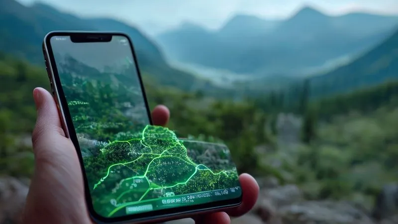 A close-up of a smartphone screen displaying a downloaded offline map with a green-highlighted route, with a blurred natural landscape of mountains and forests in the background, suggesting freedom from connectivity. Photorealistic, professional photography, 8K, cinematic lighting, sharp focus, depth of field. A close-up of a smartphone screen displaying a downloaded offline map with a green-highlighted route, with a blurred natural landscape of mountains and forests in the background, suggesting freedom from connectivity. Photorealistic, professional photography, 8K, cinematic lighting, sharp focus, depth of field.