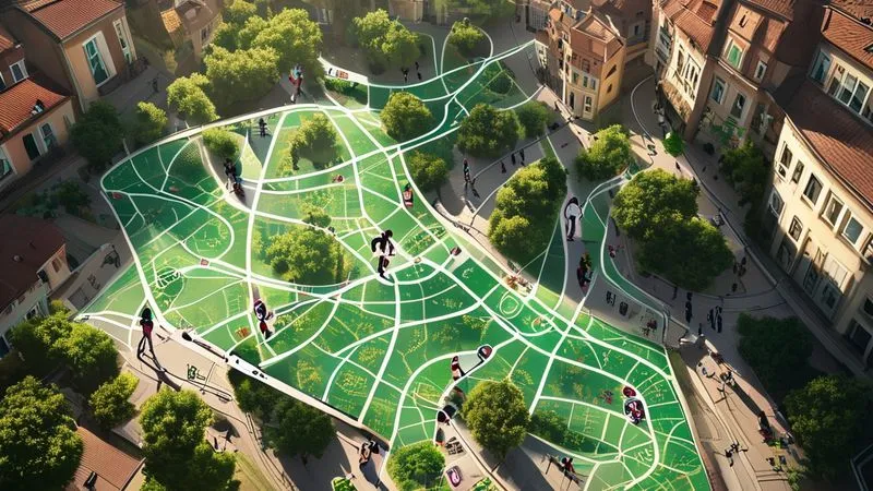 An overhead view of a detailed offline map on a tablet, showing walking and cycling paths highlighted in green, winding through a European city with historic buildings. A small icon of a bicycle and a person walking are visible on the paths, along with public transport stops. Photorealistic, professional photography, 8K, cinematic lighting, sharp focus, depth of field. An overhead view of a detailed offline map on a tablet, showing walking and cycling paths highlighted in green, winding through a European city with historic buildings. A small icon of a bicycle and a person walking are visible on the paths, along with public transport stops. Photorealistic, professional photography, 8K, cinematic lighting, sharp focus, depth of field.