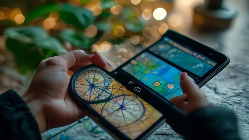 A hand holding a compass over a physical map, with a smartphone displaying an offline map showing eco-friendly routes in the background, symbolizing the blend of traditional and modern navigation for sustainable travel. Photorealistic, professional photography, 8K, cinematic lighting, sharp focus, depth of field. A hand holding a compass over a physical map, with a smartphone displaying an offline map showing eco-friendly routes in the background, symbolizing the blend of traditional and modern navigation for sustainable travel. Photorealistic, professional photography, 8K, cinematic lighting, sharp focus, depth of field.