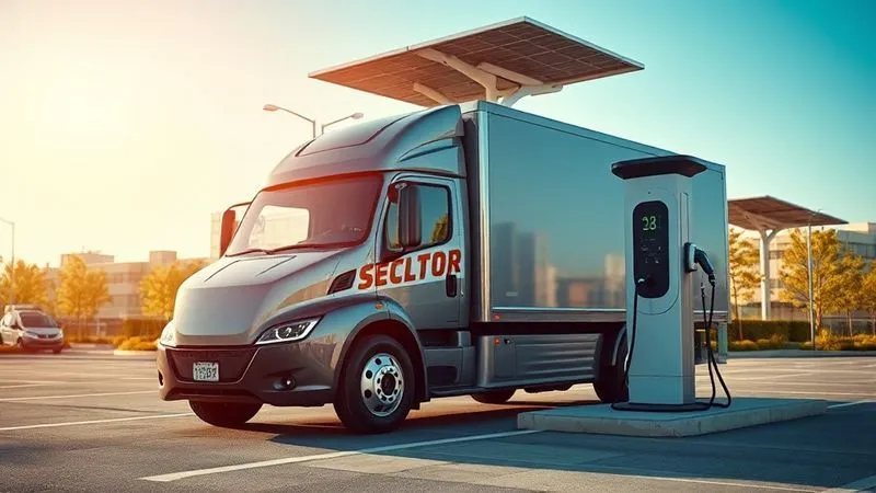 A photorealistic image of a sleek, modern electric delivery truck being charged at a solar-powered charging station in an urban setting, with clear blue skies and a sense of technological advancement and environmental responsibility. Professional photography, 8K, cinematic lighting, sharp focus, depth of field, shot on a high-end DSLR. A photorealistic image of a sleek, modern electric delivery truck being charged at a solar-powered charging station in an urban setting, with clear blue skies and a sense of technological advancement and environmental responsibility. Professional photography, 8K, cinematic lighting, sharp focus, depth of field, shot on a high-end DSLR.