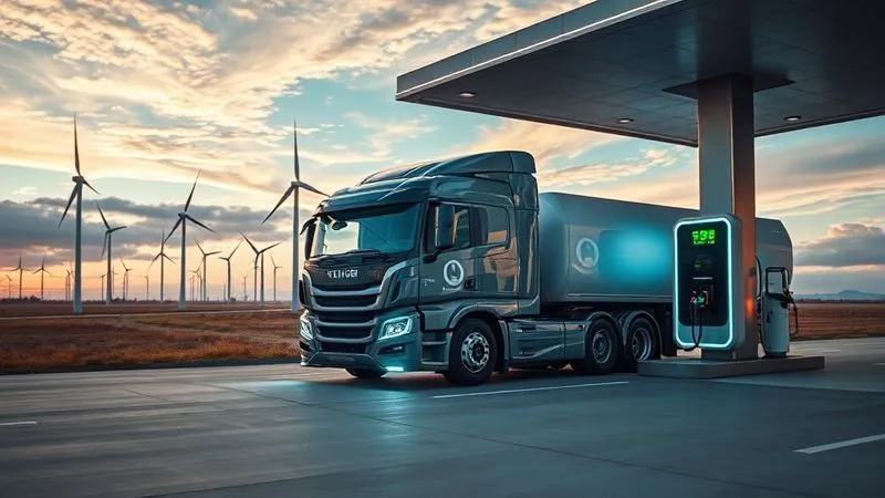 A photorealistic, professional photography, 8K, cinematic lighting, sharp focus, depth of field, shot on a high-end DSLR, showing a futuristic hydrogen-powered truck being refueled at a sleek, modern hydrogen station, with a backdrop of a large wind farm under a dynamic sky, symbolizing clean energy. The scene should convey innovation and efficiency. A photorealistic, professional photography, 8K, cinematic lighting, sharp focus, depth of field, shot on a high-end DSLR, showing a futuristic hydrogen-powered truck being refueled at a sleek, modern hydrogen station, with a backdrop of a large wind farm under a dynamic sky, symbolizing clean energy. The scene should convey innovation and efficiency.