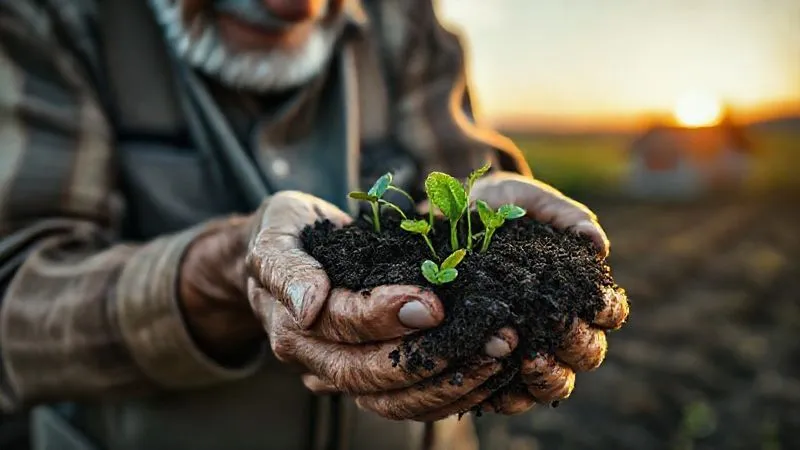 A photorealistic image of a wise, elderly farmer with weathered hands gently holding a handful of rich, dark soil, with vibrant green sprouts emerging. The farmer's face is etched with experience and a subtle smile, conveying a deep connection to the land. Cinematic lighting highlights the textures of the soil and the farmer's hands. In the blurred background, a small, traditional farm is visible under a warm sunrise. professional photography, 8K, sharp focus, depth of field, shot on a high-end DSLR. A photorealistic image of a wise, elderly farmer with weathered hands gently holding a handful of rich, dark soil, with vibrant green sprouts emerging. The farmer's face is etched with experience and a subtle smile, conveying a deep connection to the land. Cinematic lighting highlights the textures of the soil and the farmer's hands. In the blurred background, a small, traditional farm is visible under a warm sunrise. professional photography, 8K, sharp focus, depth of field, shot on a high-end DSLR.