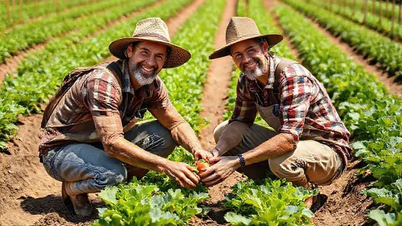 A photorealistic image of a traveler, smiling and wearing comfortable farm attire, working alongside a local farmer in a sun-drenched organic vegetable garden. Both are kneeling, tending to rows of vibrant green plants. The farmer is showing the traveler how to harvest a ripe vegetable. The scene is filled with natural light, showing the rich colors of the soil and plants. professional photography, 8K, sharp focus, depth of field, shot on a high-end DSLR. A photorealistic image of a traveler, smiling and wearing comfortable farm attire, working alongside a local farmer in a sun-drenched organic vegetable garden. Both are kneeling, tending to rows of vibrant green plants. The farmer is showing the traveler how to harvest a ripe vegetable. The scene is filled with natural light, showing the rich colors of the soil and plants. professional photography, 8K, sharp focus, depth of field, shot on a high-end DSLR.