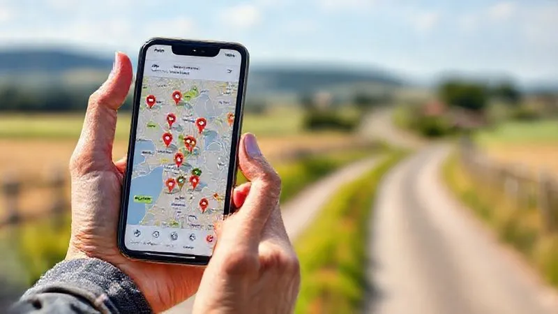 A photorealistic image of a traveler's hands holding a smartphone, displaying a vibrant, user-friendly map application. The map shows various pins marking locations of local farms, farmer's markets, and farm-to-table restaurants in a rural area. The background is slightly blurred, showing a picturesque countryside road. The screen has a clean, modern interface with clear icons. professional photography, 8K, sharp focus, depth of field, shot on a high-end DSLR. A photorealistic image of a traveler's hands holding a smartphone, displaying a vibrant, user-friendly map application. The map shows various pins marking locations of local farms, farmer's markets, and farm-to-table restaurants in a rural area. The background is slightly blurred, showing a picturesque countryside road. The screen has a clean, modern interface with clear icons. professional photography, 8K, sharp focus, depth of field, shot on a high-end DSLR.