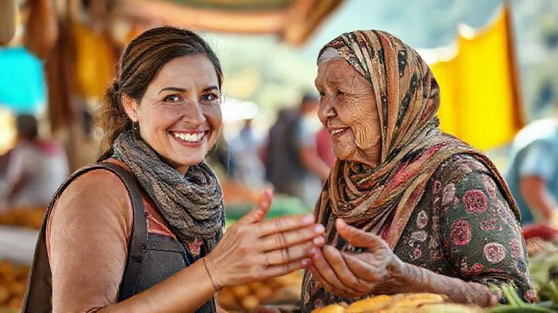 A traveler with a genuine smile, a woman in her late 30s with kind eyes, talking to an elderly local farmer at a vibrant open-air market stall in a mountainous region. The farmer, a woman with weathered hands and a traditional headscarf, is gesturing towards colorful organic produce like potatoes and corn. The background is a blur of other market activities, with sunlight highlighting their interaction, strong eye contact and genuine engagement, natural lighting, photorealistic, professional photography, 8K, cinematic lighting, sharp focus, depth of field, shot on a high-end DSLR. A traveler with a genuine smile, a woman in her late 30s with kind eyes, talking to an elderly local farmer at a vibrant open-air market stall in a mountainous region. The farmer, a woman with weathered hands and a traditional headscarf, is gesturing towards colorful organic produce like potatoes and corn. The background is a blur of other market activities, with sunlight highlighting their interaction, strong eye contact and genuine engagement, natural lighting, photorealistic, professional photography, 8K, cinematic lighting, sharp focus, depth of field, shot on a high-end DSLR.