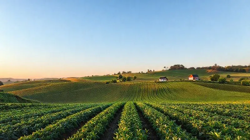 A panoramic view of a lush, diverse organic farm at sunrise, with rolling hills, rows of various crops in different stages of growth, a small farmhouse in the distance, and clear blue sky with soft, golden light. The scene depicts sustainable practices like crop rotation and natural landscapes, photorealistic, professional photography, 8K, cinematic lighting, sharp focus, depth of field, shot on a high-end DSLR. A panoramic view of a lush, diverse organic farm at sunrise, with rolling hills, rows of various crops in different stages of growth, a small farmhouse in the distance, and clear blue sky with soft, golden light. The scene depicts sustainable practices like crop rotation and natural landscapes, photorealistic, professional photography, 8K, cinematic lighting, sharp focus, depth of field, shot on a high-end DSLR.