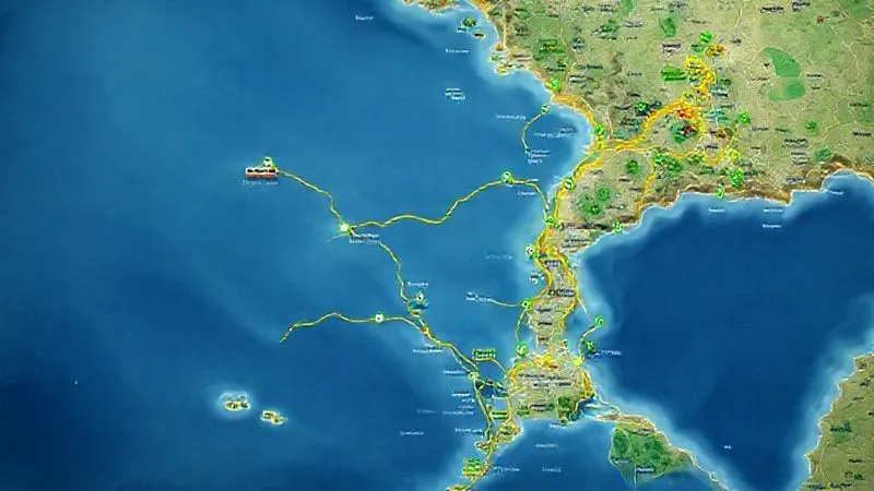 A photorealistic intricate map illustrating various sustainable travel routes to a coastal destination, highlighting paths for trains, electric buses, and cycling trails. The map features green icons for eco-friendly accommodations and points of interest, with cinematic lighting and sharp focus on the detailed routes, 8K hyper-detailed. A photorealistic intricate map illustrating various sustainable travel routes to a coastal destination, highlighting paths for trains, electric buses, and cycling trails. The map features green icons for eco-friendly accommodations and points of interest, with cinematic lighting and sharp focus on the detailed routes, 8K hyper-detailed.