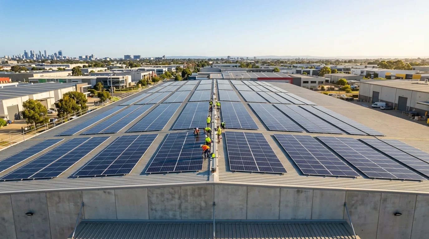 Instalação de painéis solares fotovoltaicos em um grande edifício comercial: energia limpa e renovável ao alcance de todos.