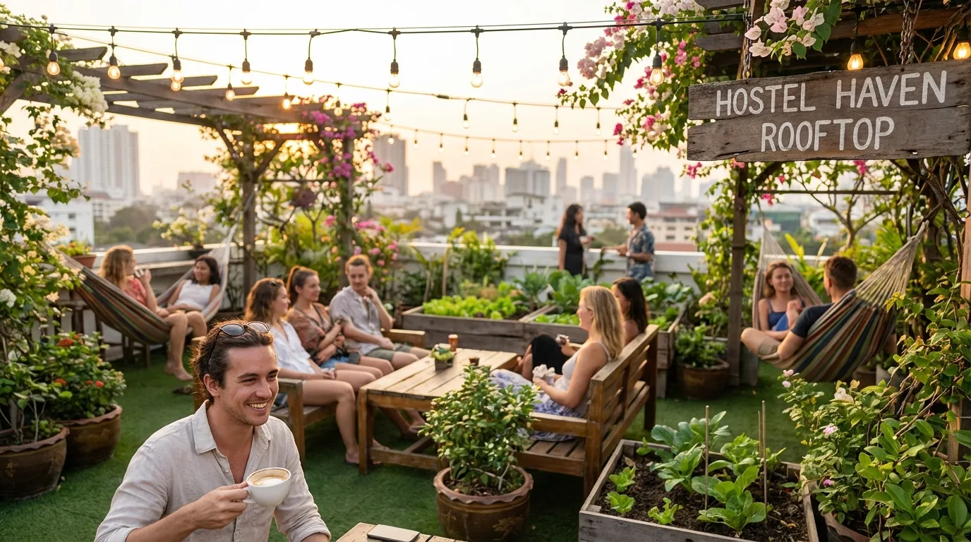 Jardim na cobertura de um hostel com painéis solares ao fundo: um oásis urbano que combina beleza, sustentabilidade e conforto.