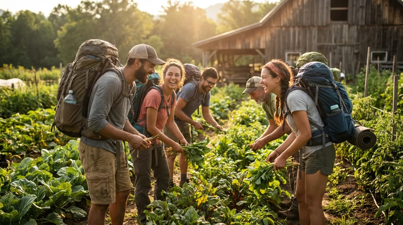 Mochileiros voluntariando em uma fazenda orgânica local — uma forma de contribuir com a comunidade e aprender sobre produção sustentável de alimentos.