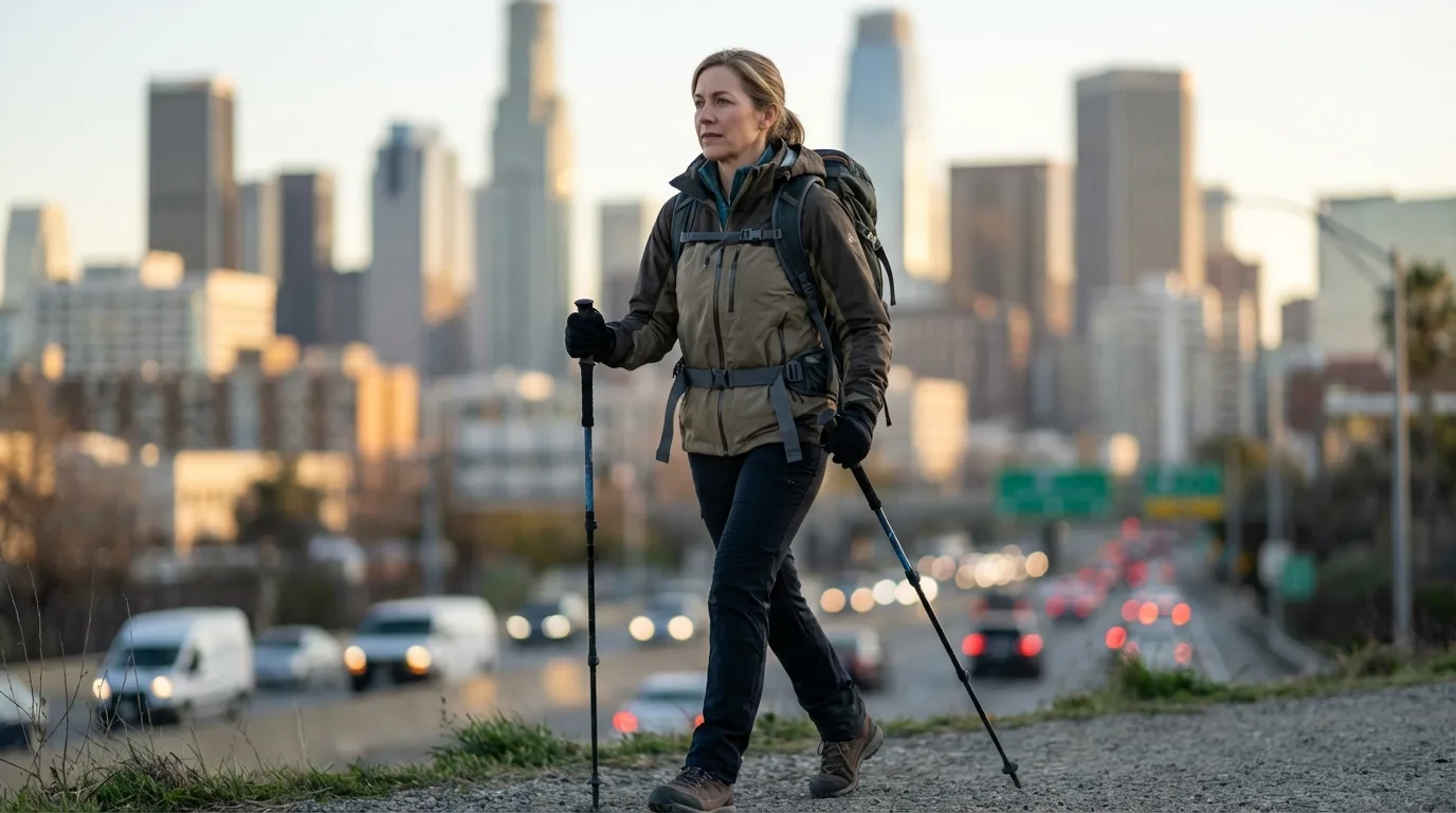 Mulher utilizando bastões de trekking em uma trilha urbana. Os bastões ajudam a reduzir o impacto nas articulações e a aumentar a estabilidade em terrenos irregulares.
